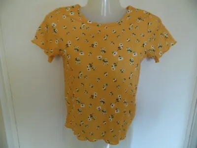 Girls Floral Mustard Colour Short Sleeve Round Neck Ribbed Top Size 11 - 12 Yrs  • £6