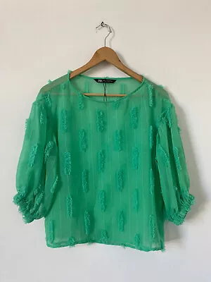 Zara Blouse XS 8 Green Stripe 3/4 Puff Sleeve Semi Sheer Pullover Top • £4.99