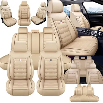$89.90 • Buy 5-Seats Car Seat Covers PU Leather Front + Rear Cushion Full Set Universal Beige