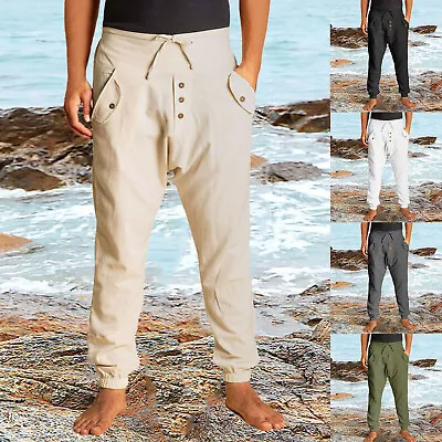 Men's Solid Cotton Linen Trousers Fashion Loose High Waist Casual Beach Pants • $22.18