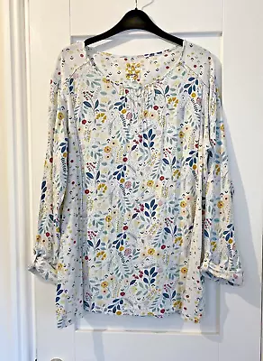 Mantaray Ivory White Multi Floral Print Cotton Top Long Roll Tab Sleeves UK 18 • £12.50