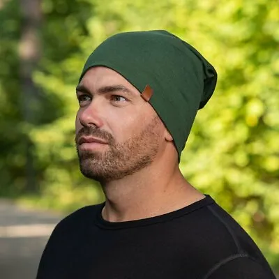 Men's Merino Wool Winter Slouchy Beanie * Breathable Warm Outdoor Hat Dark Green • $27.95