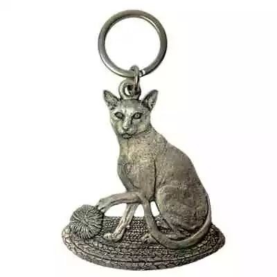 Shorthair Cat Key Ring Pewter 3D Kitty Yarn Ball Rug Keychain 2 Sided Vintage • £21.12