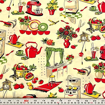 Michael Miller Fifties Kitchen Cream Cotton Fabric By The HALF YARD 18  X 44  • $6