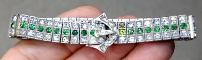 1930 Art Deco DIAMONBAR Antique STERLING SILVER Buckle GREEN RHINESTONE Bracelet • $74.95