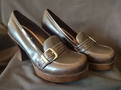 Vintage L.e.i. Omegah Loafer Heels Shoes Brown Chunky Platform Size 6 ½ • $39.99