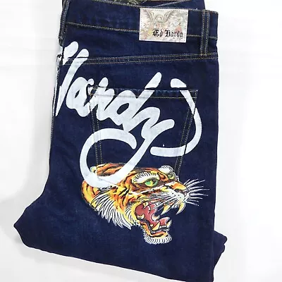 Ed Hardy Loose Fit Jeans Men's 38 Blue Denim Bengal Tiger Print $195 NWT Dark • $55.97