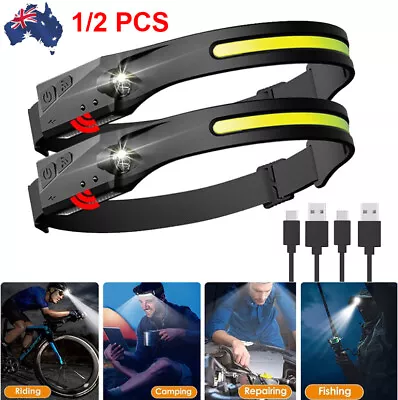 Waterproof COB LED Motion Sensor Head Torch Headlight USB Rechargeable Headlamps • $24.09