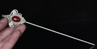 19.8CM Old Chinese Miao Silver Inlaid Ruby Flower Butterfly Jewelry Hairpin • $25