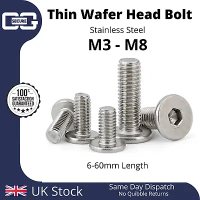 M3 - M8 Ultra-Thin Wafer Head Low-Profile Stainless Steel Allen Key Bolts • £1.25