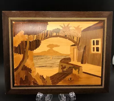 Vintage Italian Marquetry Seaside Villa Wood Wall Plaque Hand Inlaid Picture Art • $19