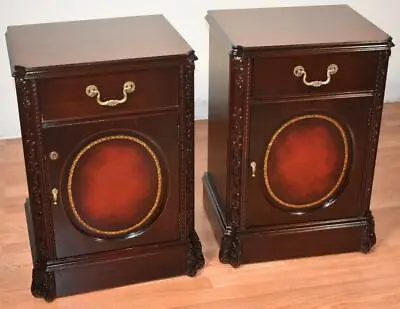 1940s Chinese Chippendale Dark Mahogany Leather Pair Nightstands Bedsides Tables • $1300