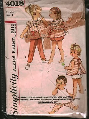 4018 Vintage Simplicity Sewing Pattern Girls 1960s Top Pants Apron Panties Baby • $5.59