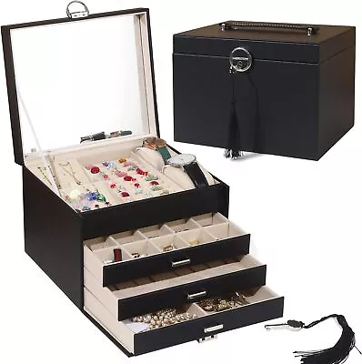 Jewelry Box Large Leather Mirror Square Organizer With 4 Layer Black Necklace • $60