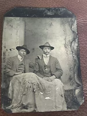 Tintype Nicely Dressed Affectionate Brothers Smoking Cigar Blanket Across Laps • $24.99