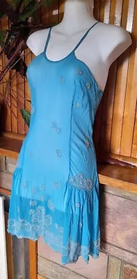 Vintage Baby Blue Sheer Pure Silk Hand Beaded Dress S • $35