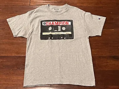Vintage Champion Gray 90's Cassette Tape Mens Large Embroidered C Logo T Shirt • $12.74
