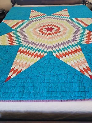 $210 • Buy Vintage Hand Stitched Lone Star Blue Border Quilt 73x62