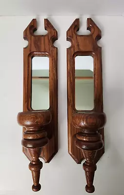 Vintage Wooden Wall Sconce Pair Candle Holder With Mirror Farmhouse Cabin Decor • £20.23