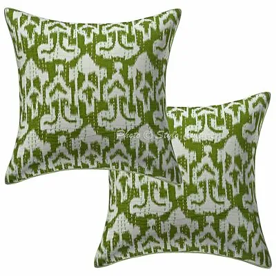 Indian Ikat Print Kantha Pillow Case Covers 40 Cm Ethnic Cushion Covers Pair • £14.35