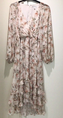 $119 • Buy Forever New Maxi Dress Tiered Frill Sheer Puff Long Sleeve Size 14 NWT