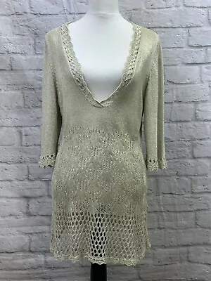 Passport Jumper 3/4 Sleeve Size L Fits 12 Plunge V-Neck Metallic Gold Crochet • £27.62