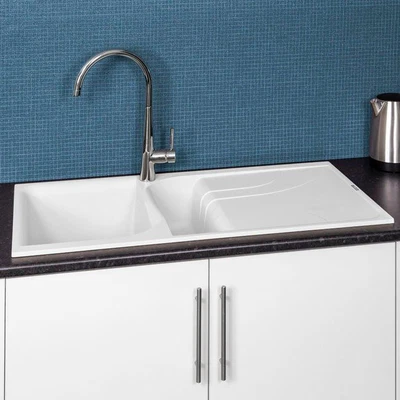 £227.09 • Buy Reginox Elleci EGO475 Kitchen Sink 1.5 Bowl White Granite Inset Reversible Waste