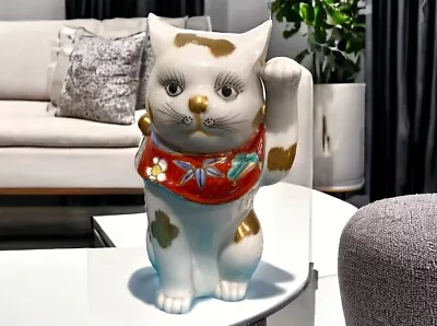 Vintage MANEKI NEKO Lucky Beckoning Cat KUTANI Pottery Statue 7.5” Tall Japanese • $225