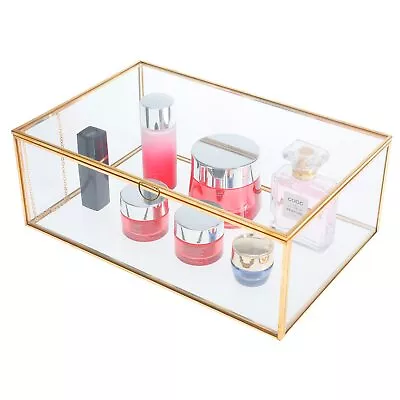 10.8  Copper Golden Vintage Glass Lidded Box Jewelry Keepsake Display Organizer • $35.26