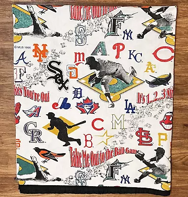 Vintage 1990s MLB Baseball Team Logo Blanket 70x89” Throw Black Satin Trim • $49.99