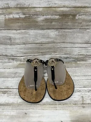 Michael Kors Charm Jelly Women Thong Sandals Black Gold MK Logo Cork PVC Sz 10 • $34.77