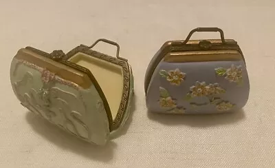 Vintage Porcelain Ladies Blue & Green Purses Brass Hinged Trinket Pill Box • $15