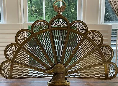 Unique Vintage Brass Fireplace Folding Peacock Fan Screen With Duck 🦆 Head Base • $150