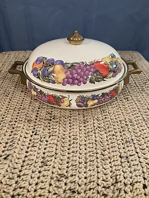 Vintage (1980’s) Cornucopia Decorated Enamelware Dutch Oven W/Lid. Brass Handles • $22.50