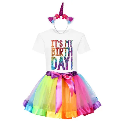 £10.99 • Buy Unicorn Girls Birthday Outfit Dress Rainbow Tutu Headband Party Top Tee Full Set