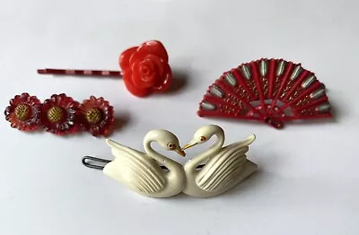 Vtg Lot Hair Clip Barrette Plastic Metal 1940’s 50’s 60’s Swan Fan Flowers 4 Pc • $14.90