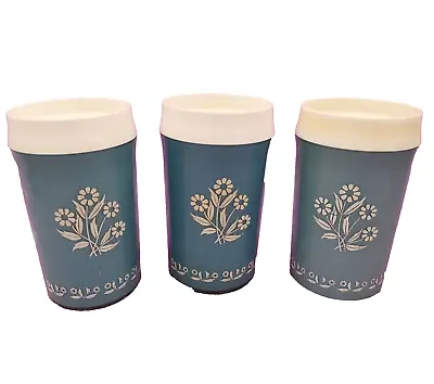 SET OF 3 VTG NFC Plastic Thermal Cups Tumblers Blue White Floral Daisy MCM 9 Oz • $15.99