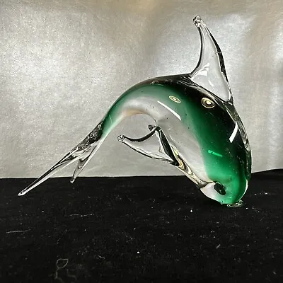 Green And Clear Art Glass￼ Murano Dolphin Diving Figurine Paperweight￼ • $16