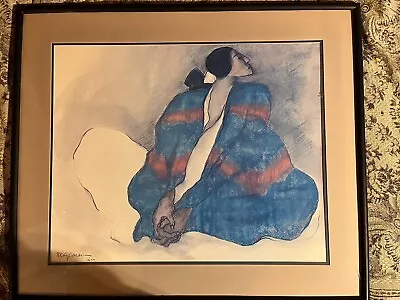 RARE RC GORMAN (1977) HAND SIGNED LITHOGRAPH Framed BLUE BLANKET 21x27in • $850