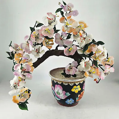 Vintage Chinese Jade Hardstone Quartz Flowers Bonsai Tree In Hand Painted Pot 14 • $148