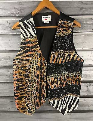Vintage Fashion Fantasy Beaded Sequin Vest Womens XL Cheetah Leopard Print • $39.99