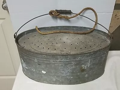 RARE Antique Vintage  Oval- Minnow Pail Old Metal Bait Bucket Fishing • $375.50