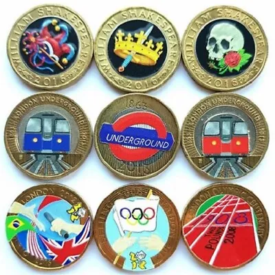 £2 TWO POUNDS COLOUR DECAL COIN STICKERS Olympics Underground Shakespeare Guinea • £1