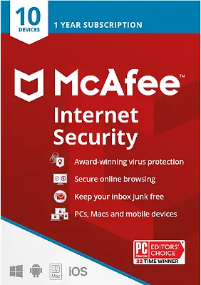 McAfee Internet Security 2024 10 Devices 1 Year Antivirus For PCMacAndroidiOS • $12.95