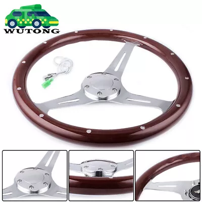 380mm 15  Inch 6 Hole Chrome Dark Steering Wheel Real Wood Riveted Grip W/ Horn • $99.99