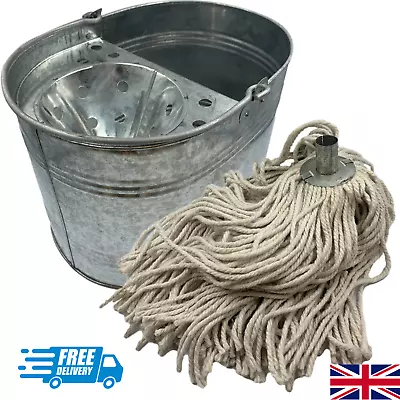 Metal Mop Bucket And Mop Head Set Galvanised Large Capacity Strong Heavy Duty • £4.49