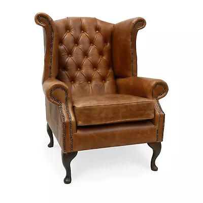 Chesterfield Queen Anne High Back Wing Chair In Vintage Tan Leather • £695