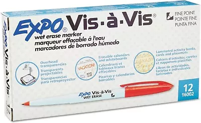 NEW RED Expo Vis-a-Vis Wet Erase Fine Point Markers 16002 - BOX OF 12 PENS • $10.99