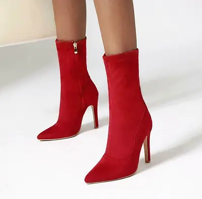 Sexy Womens Suede High Heel Pointy Toe Stretchy High Top Side Zip Ankle Boots @ • $51.30