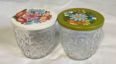 Vintage Ball Quilted Crystal Glass Jelly Jars W/Floral Metal Lids~Set Of 2~MCM • $11